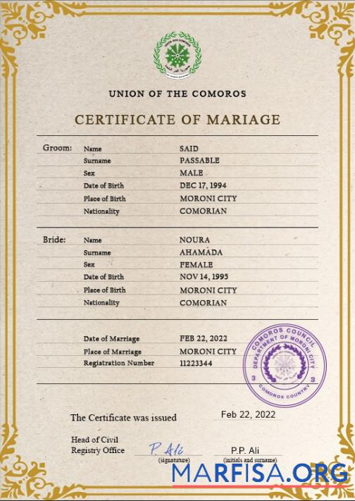 Realistic Comoros marriage certificate PSD template